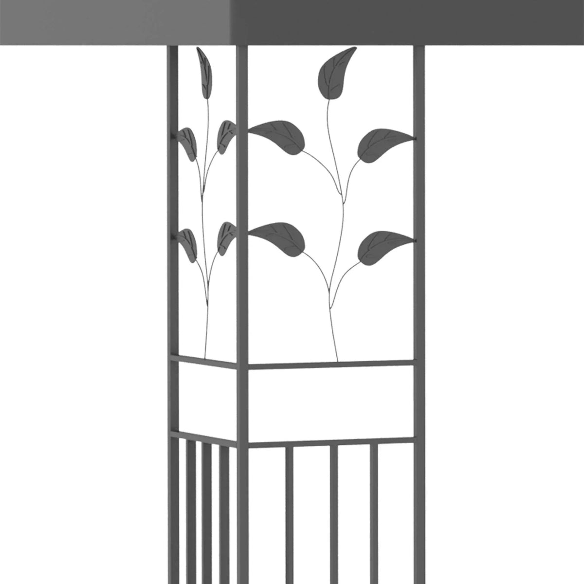 Grey gazebo side panel with decorative leaf-pattern mesh in metal frame