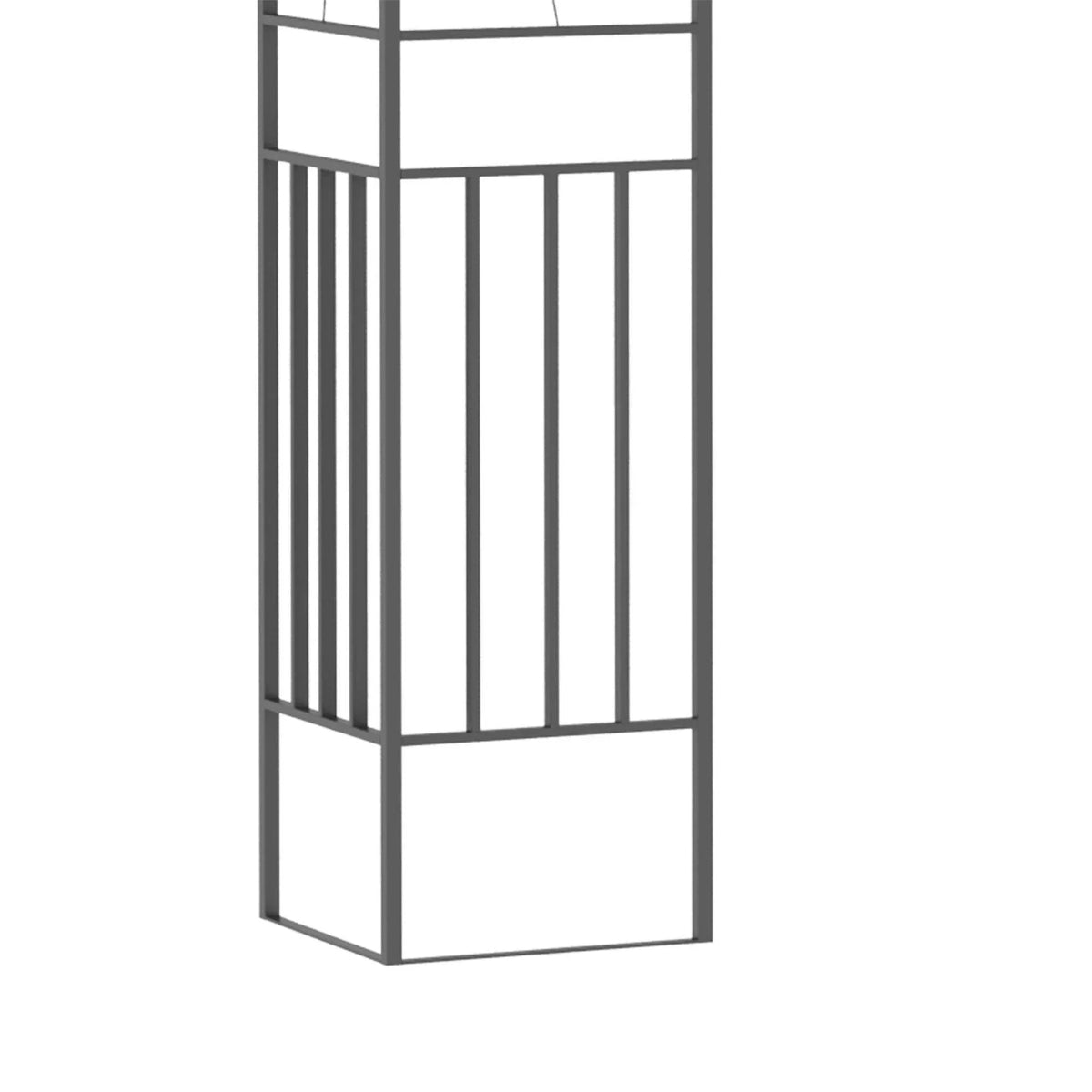 Grey steel gazebo corner with vertical slat side panel and grounded base frame