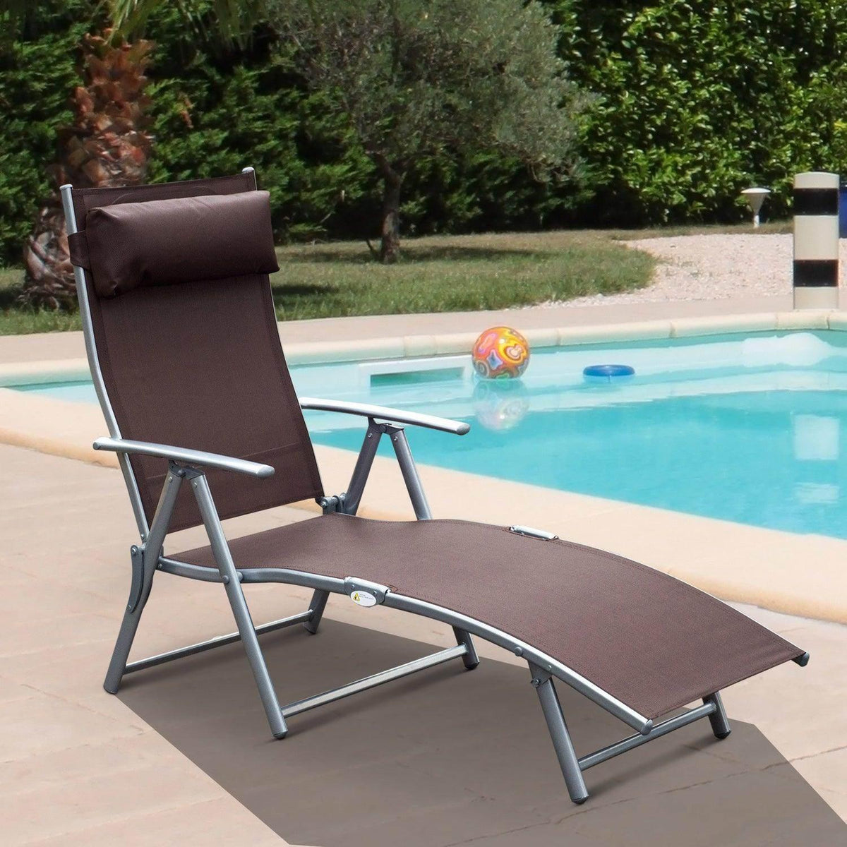 Outdoor sun lounger chair with dark brown padded headrest and reclining textilene seat