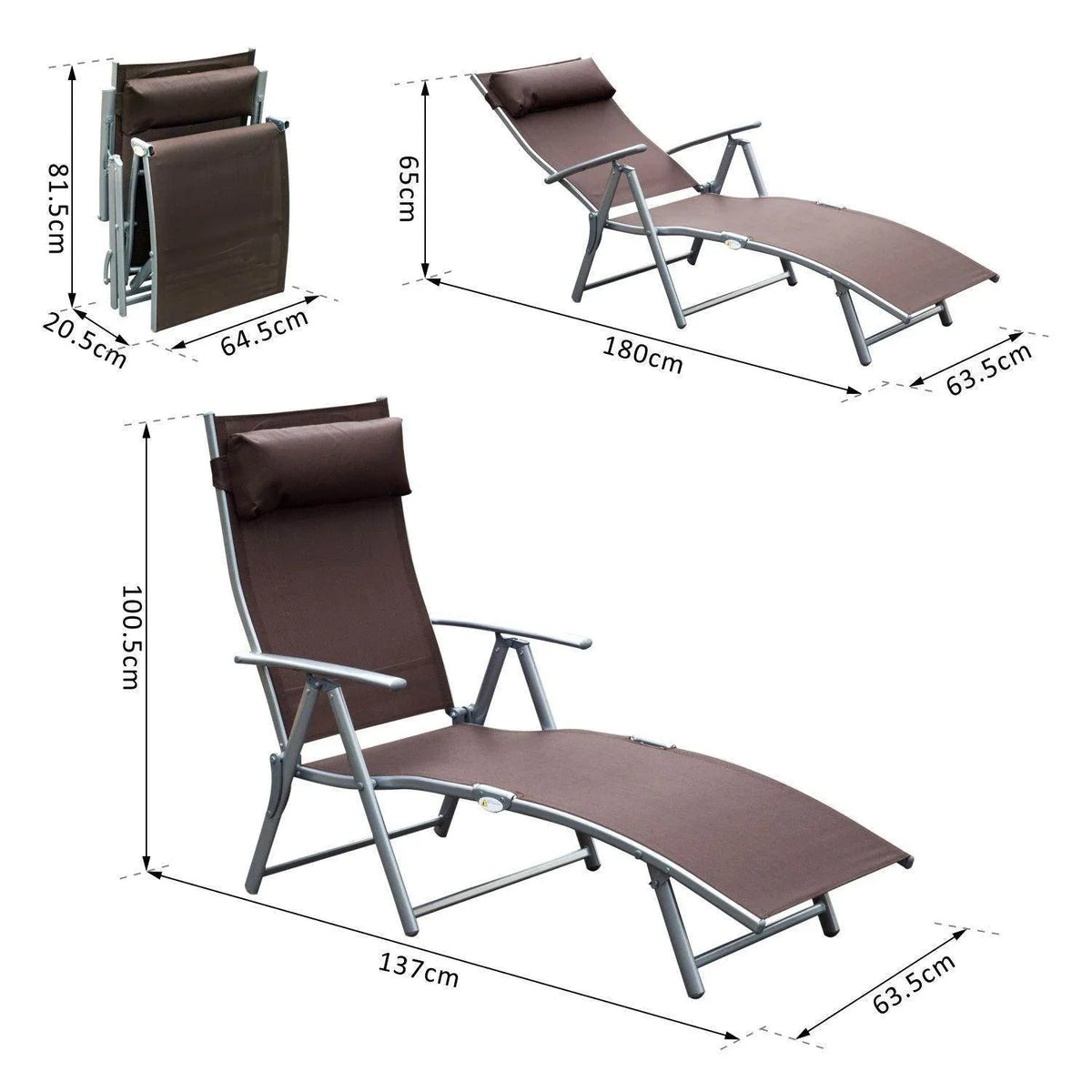Adjustable folding sun lounger chair with dark brown seat and headrest; steel frame