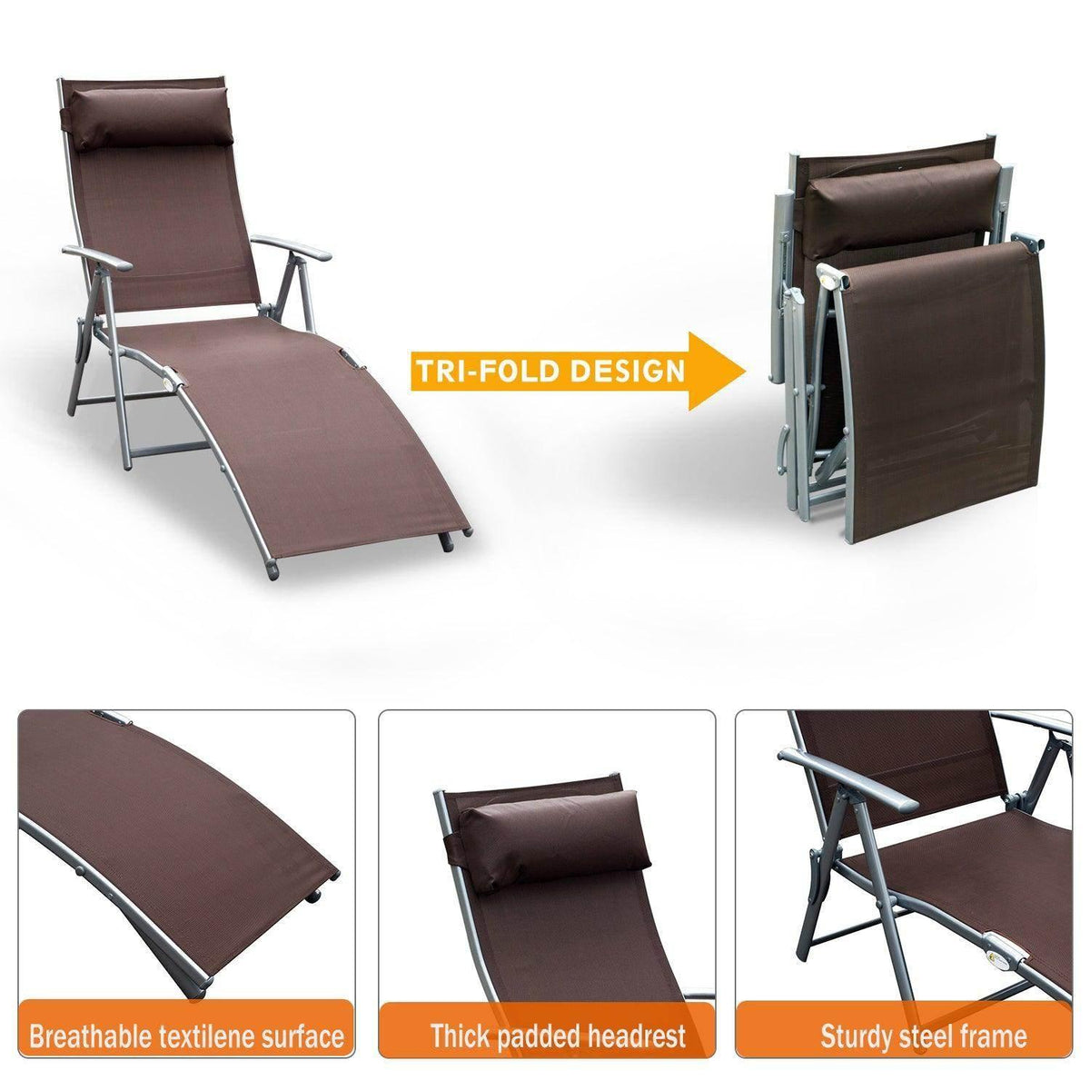 Tri-fold design outdoor reclining lounger with dark brown padded headrest and seat