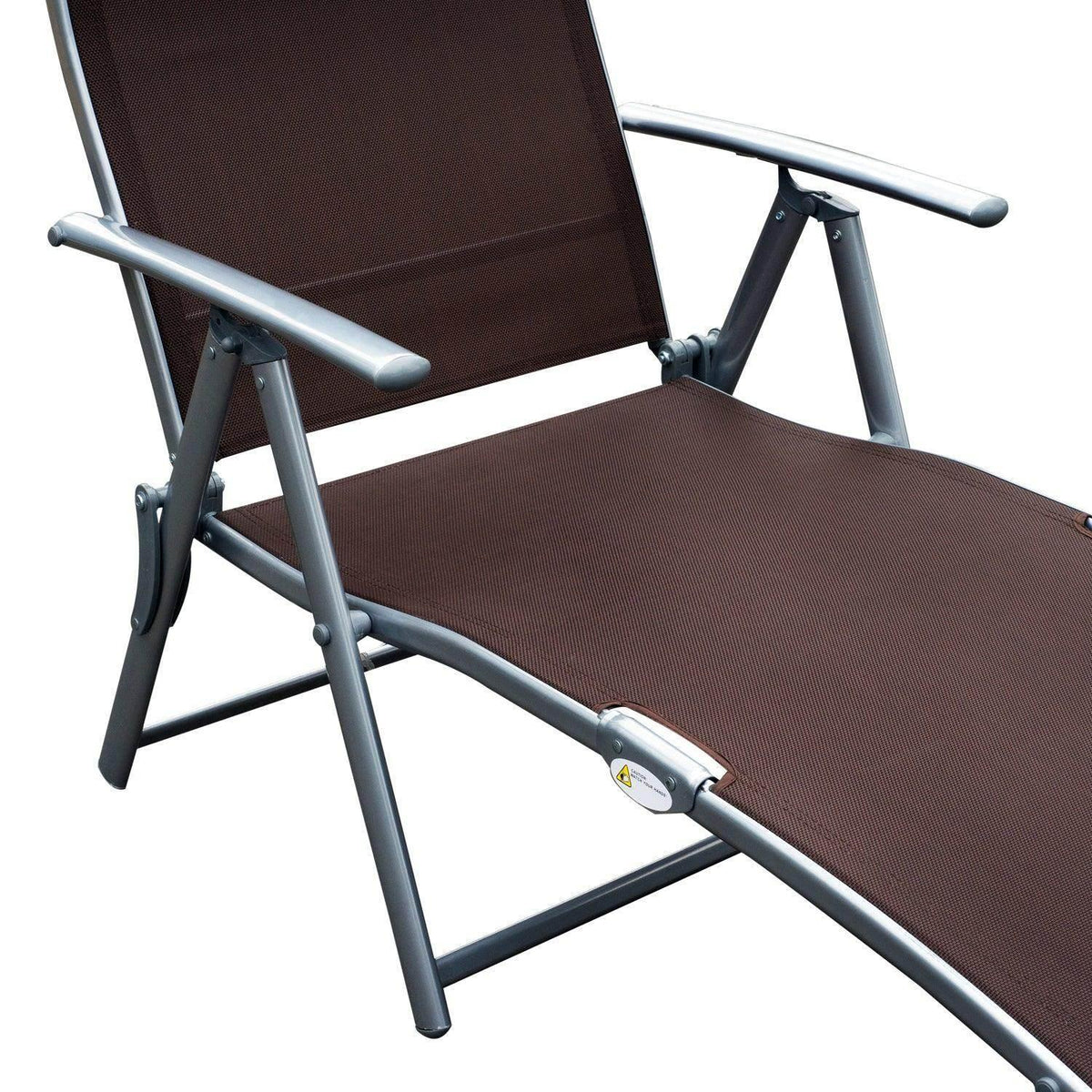 Reclining outdoor lounger chair with dark brown fabric and silver armrests; steel frame
