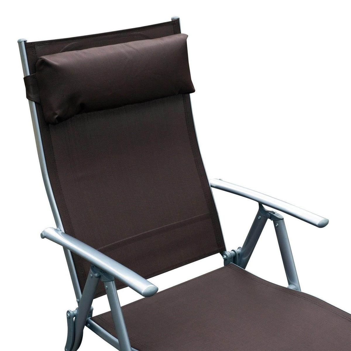Outdoor sun lounger chair in dark brown with thick padded headrest and reclining base