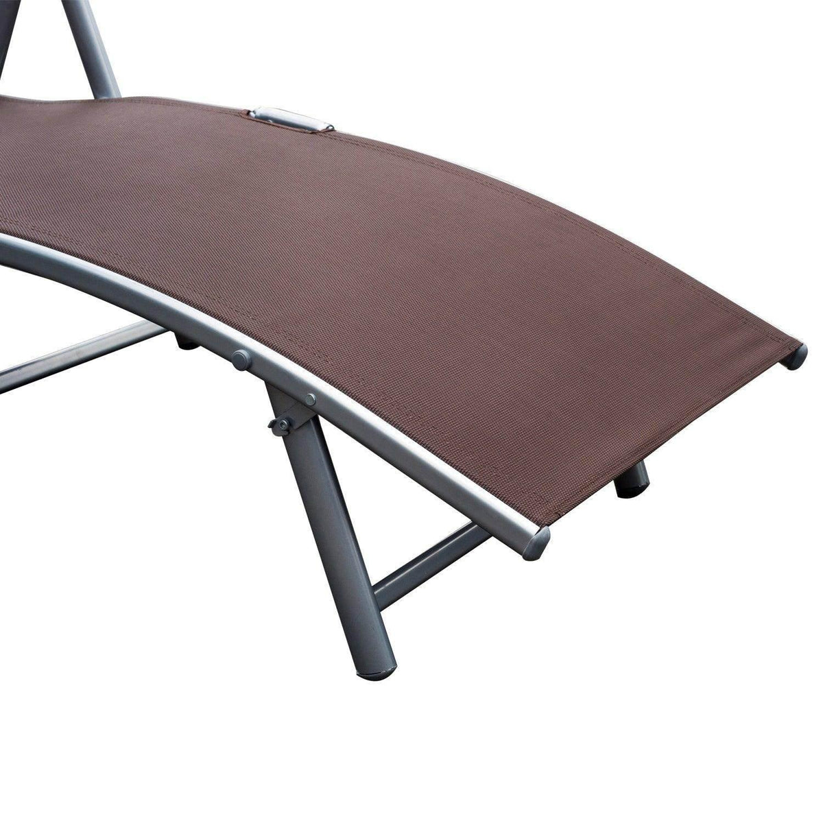 Close-up of dark brown textilene reclining surface on silver steel outdoor lounger