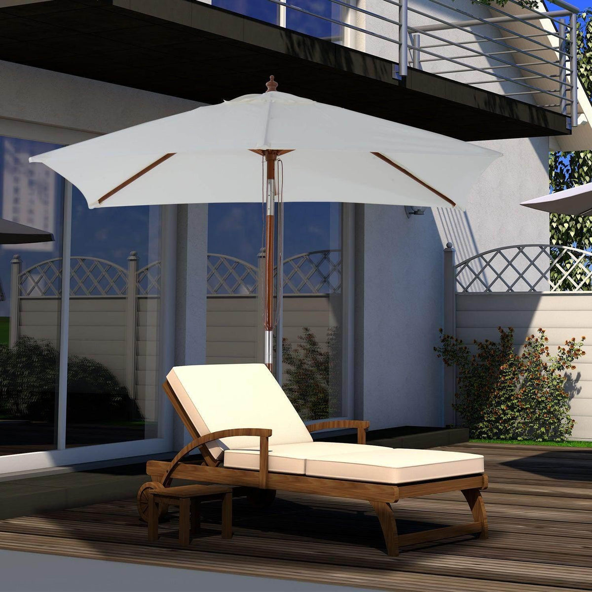 Cream white outdoor sun umbrella with tilt canopy and wooden center pole