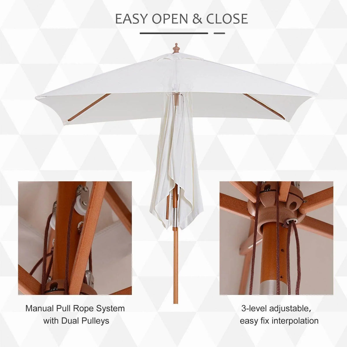 Cream white outdoor sun umbrella with manual pull rope system and tilting canopy