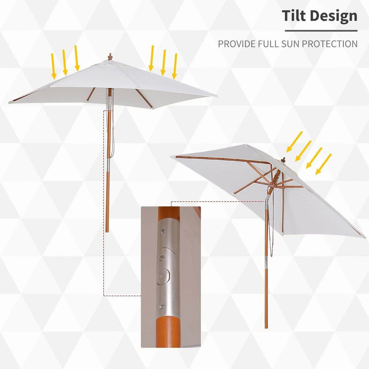 Cream white outdoor sun umbrella with adjustable tilt design and wooden pole