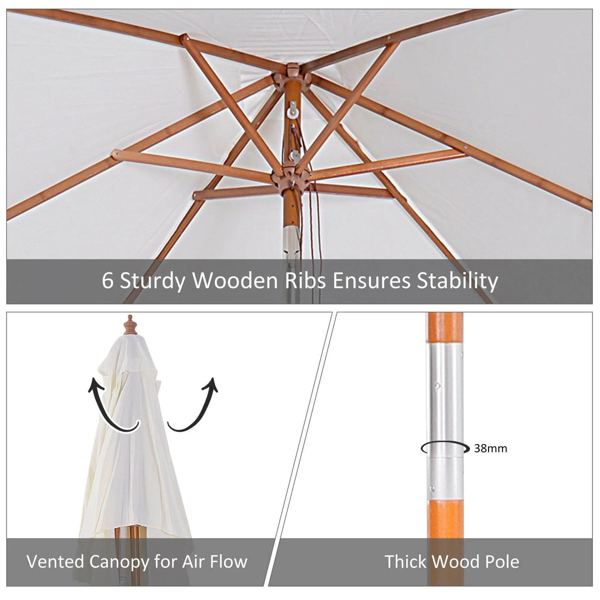 Cream white outdoor sun umbrella with 6 sturdy wooden ribs and vented canopy