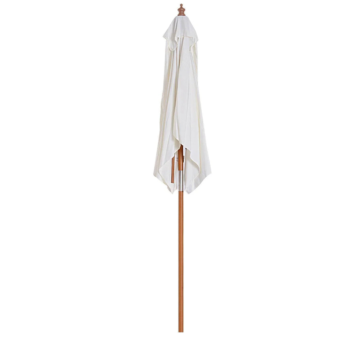 Cream white outdoor sun umbrella with hanging cover and straight wooden pole