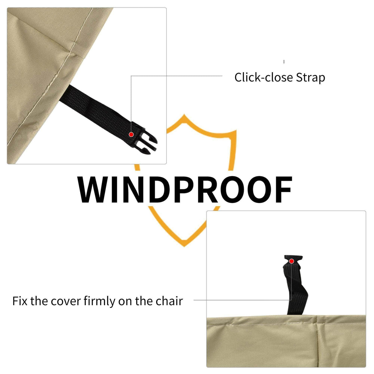 Beige chair cover with click-close strap for secure, windproof fastening.