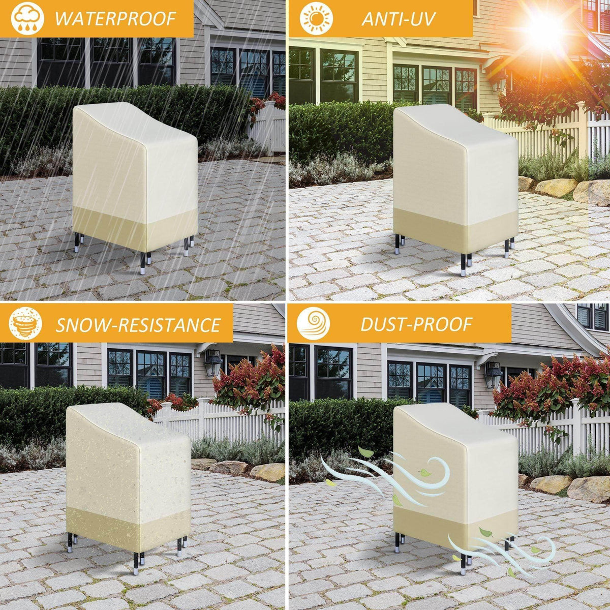 Beige outdoor chair cover with waterproof, UV, snow, and dust-protection icons.