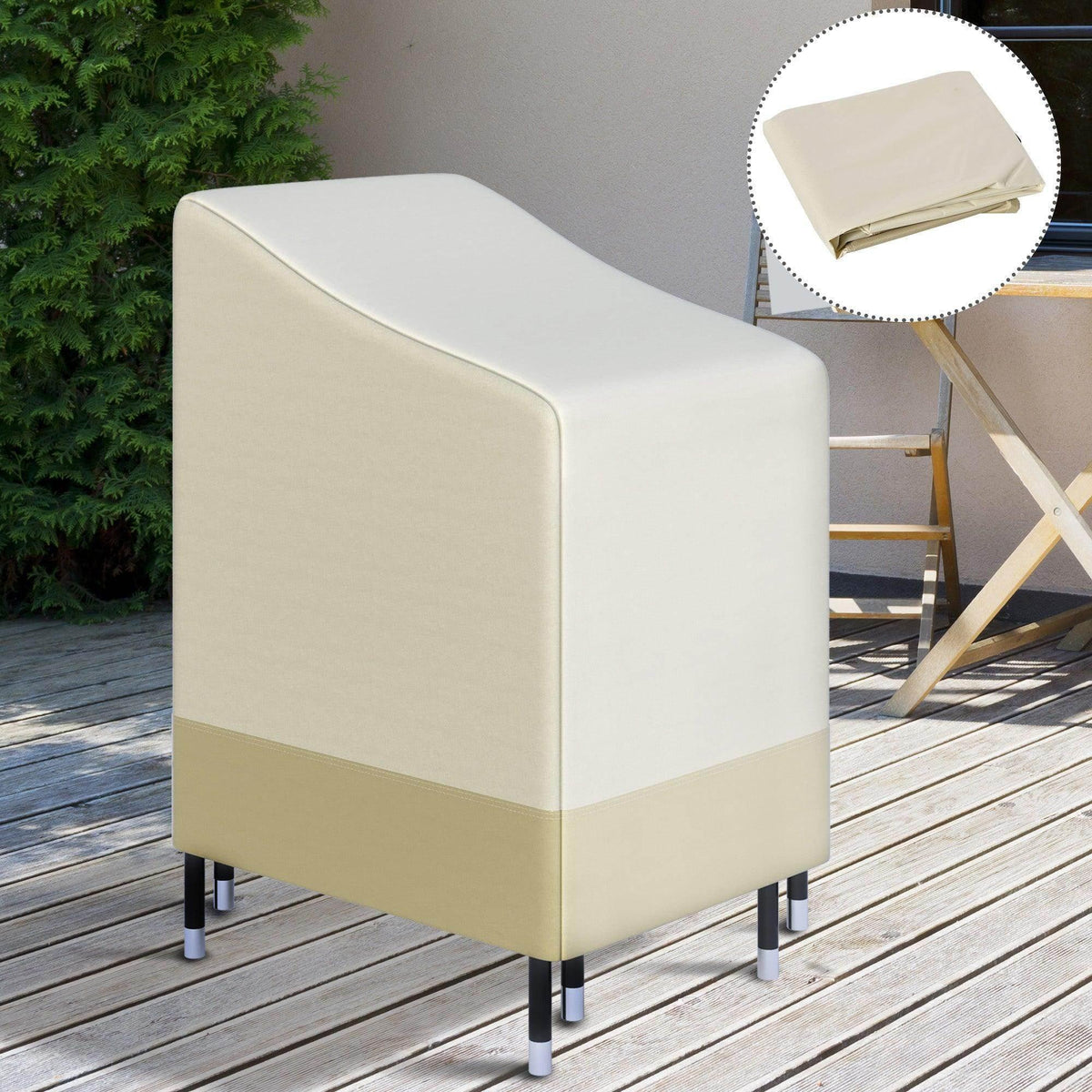 Beige outdoor wicker chair cover with contoured top and fitted bottom.