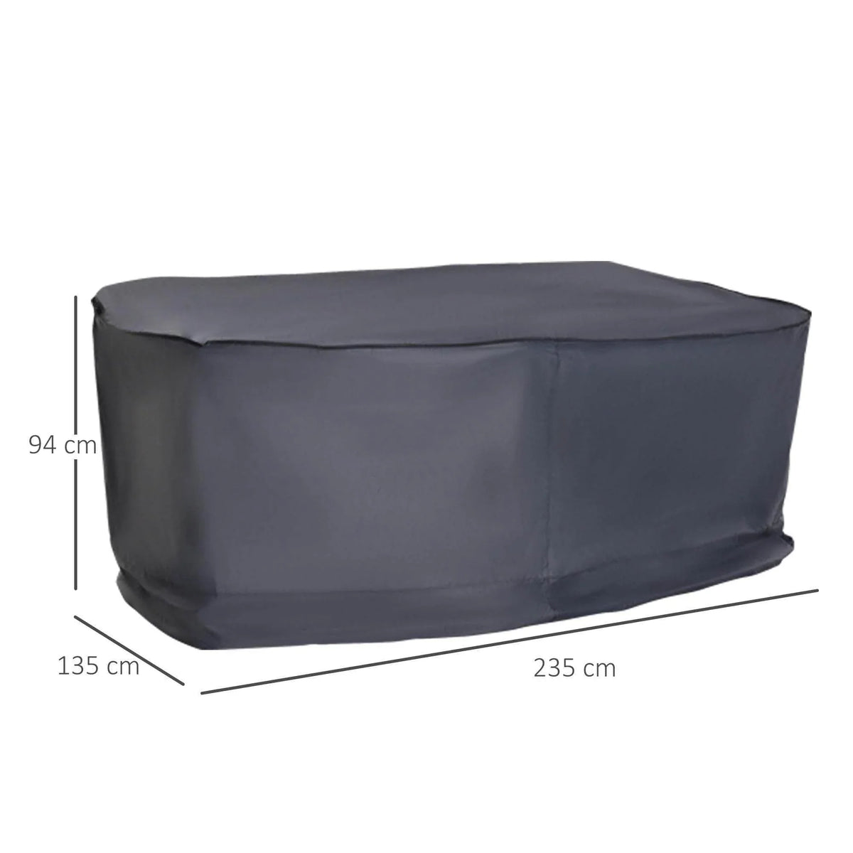 Dark gray sofa cover with measurements shown, rectangular fit with cushioned top.