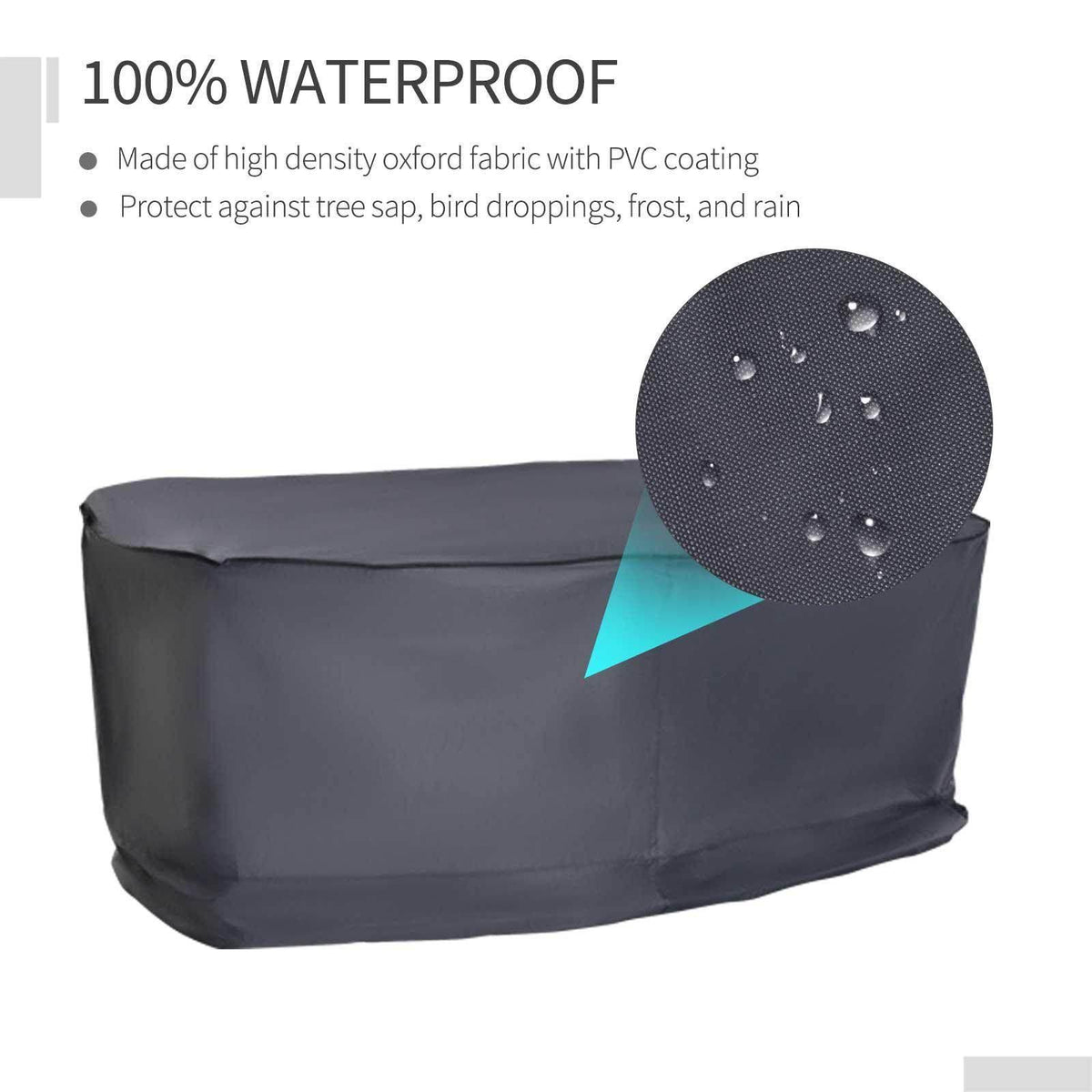 Dark gray waterproof sofa cover with coated fabric for splash and rain resistance.