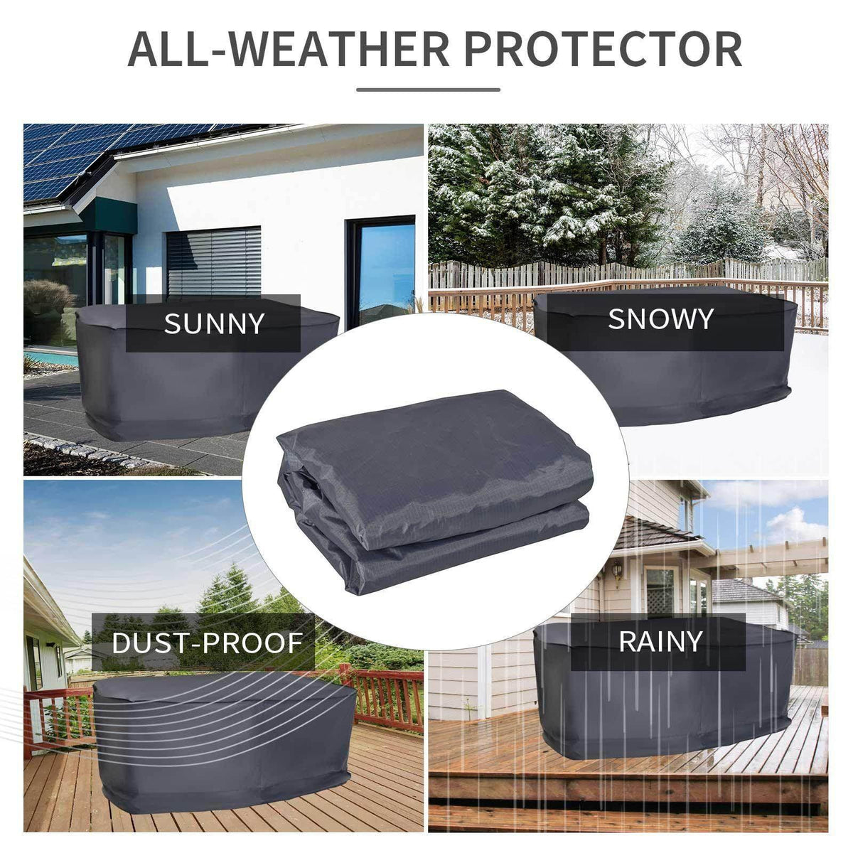 Dark gray all-weather outdoor sofa cover designed for waterproof, dust-resistant use.