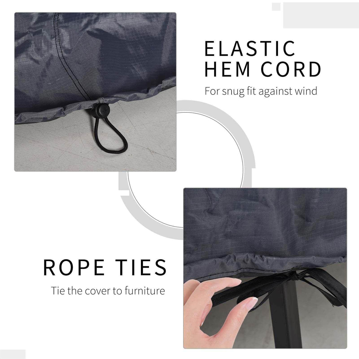 Dark gray sofa cover with elastic hem cord and rope ties for secure fastening.