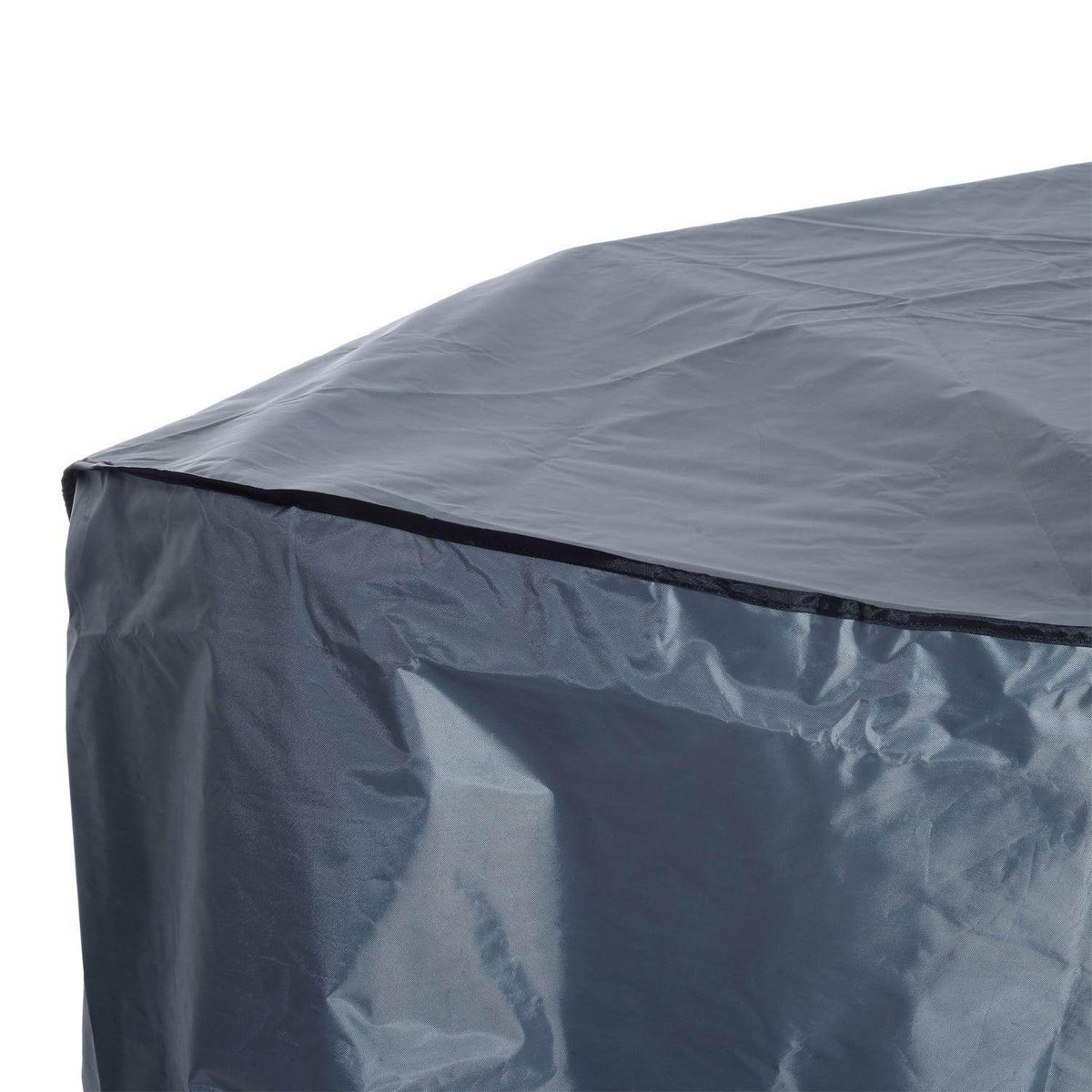 Dark gray sofa cover corner with smooth waterproof surface and visible stitched seam.