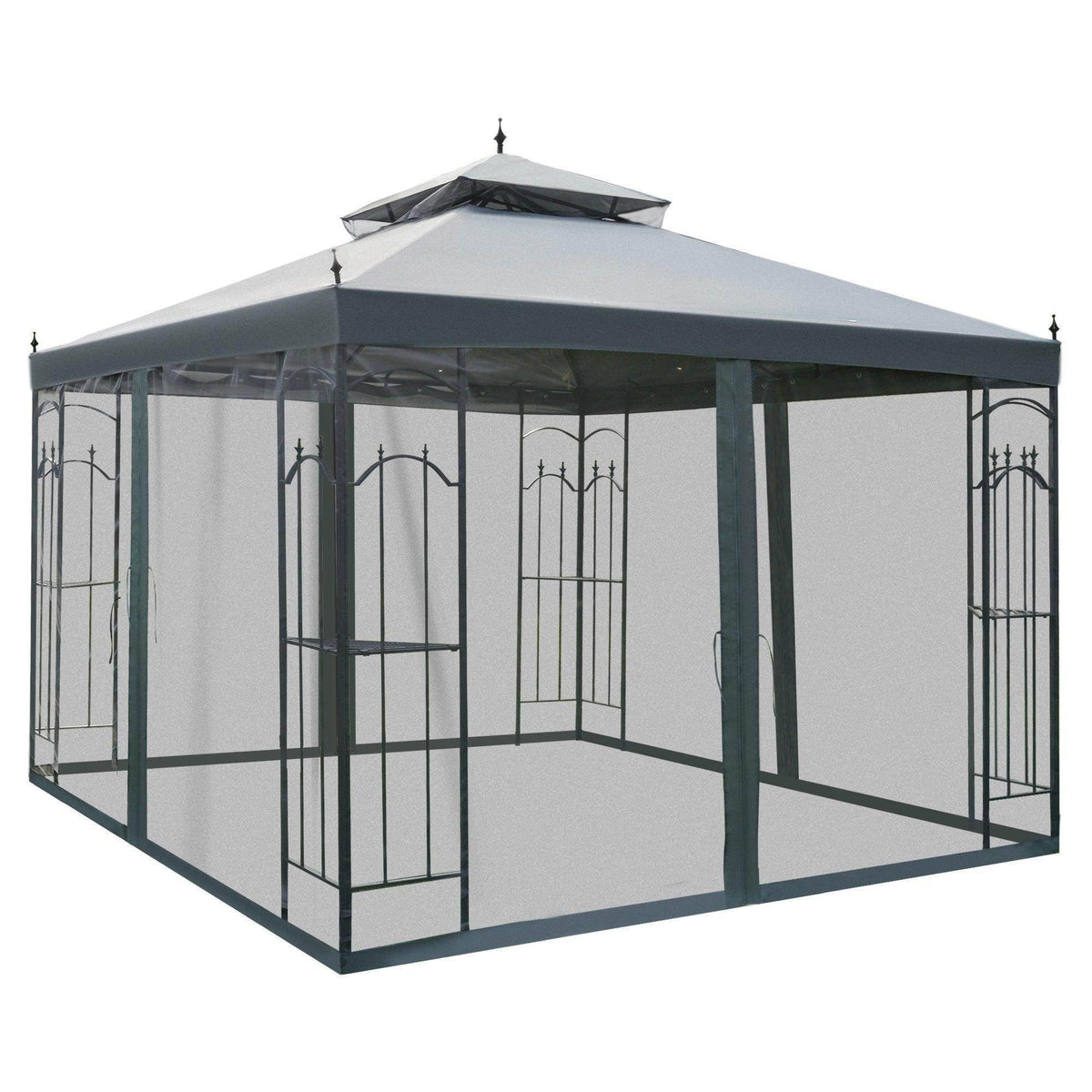 Grey outdoor wedding gazebo with open sides, mesh panels, and black metal frame