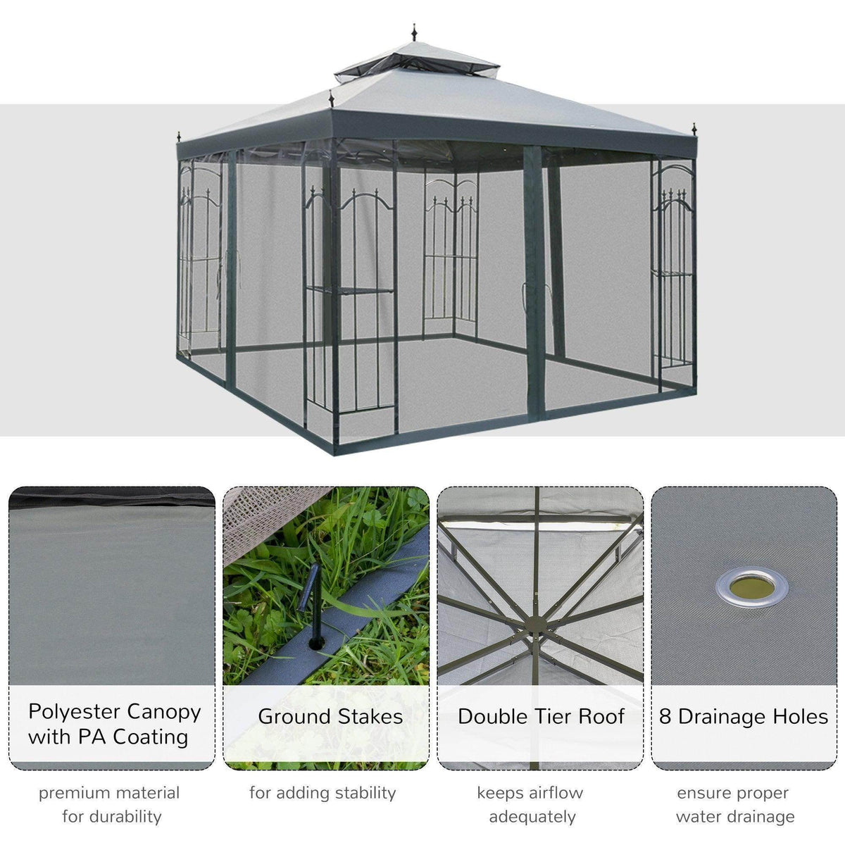 Grey outdoor gazebo with open mesh walls and black metal corner framing