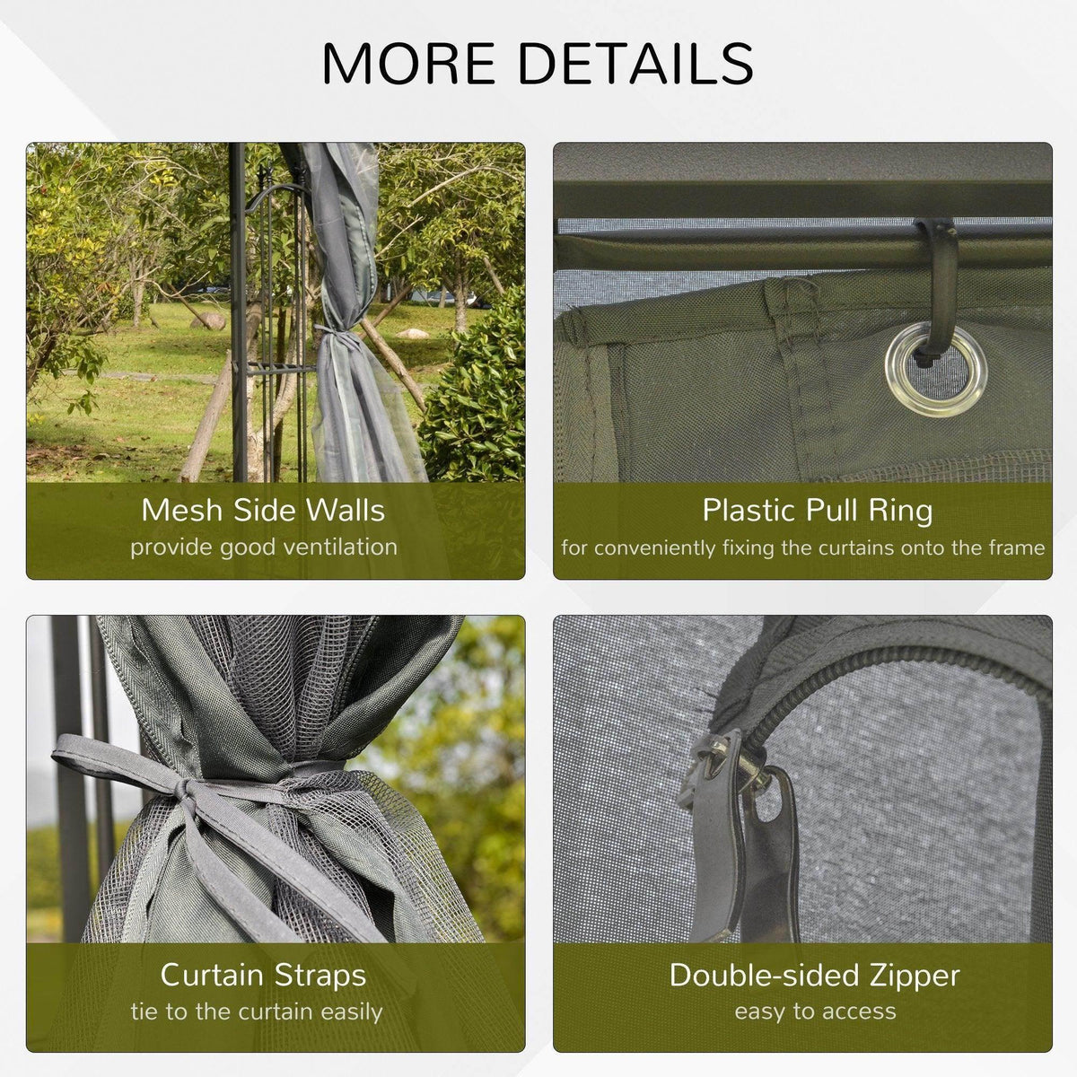 Grey gazebo with side curtain straps and double-sided zipper opening