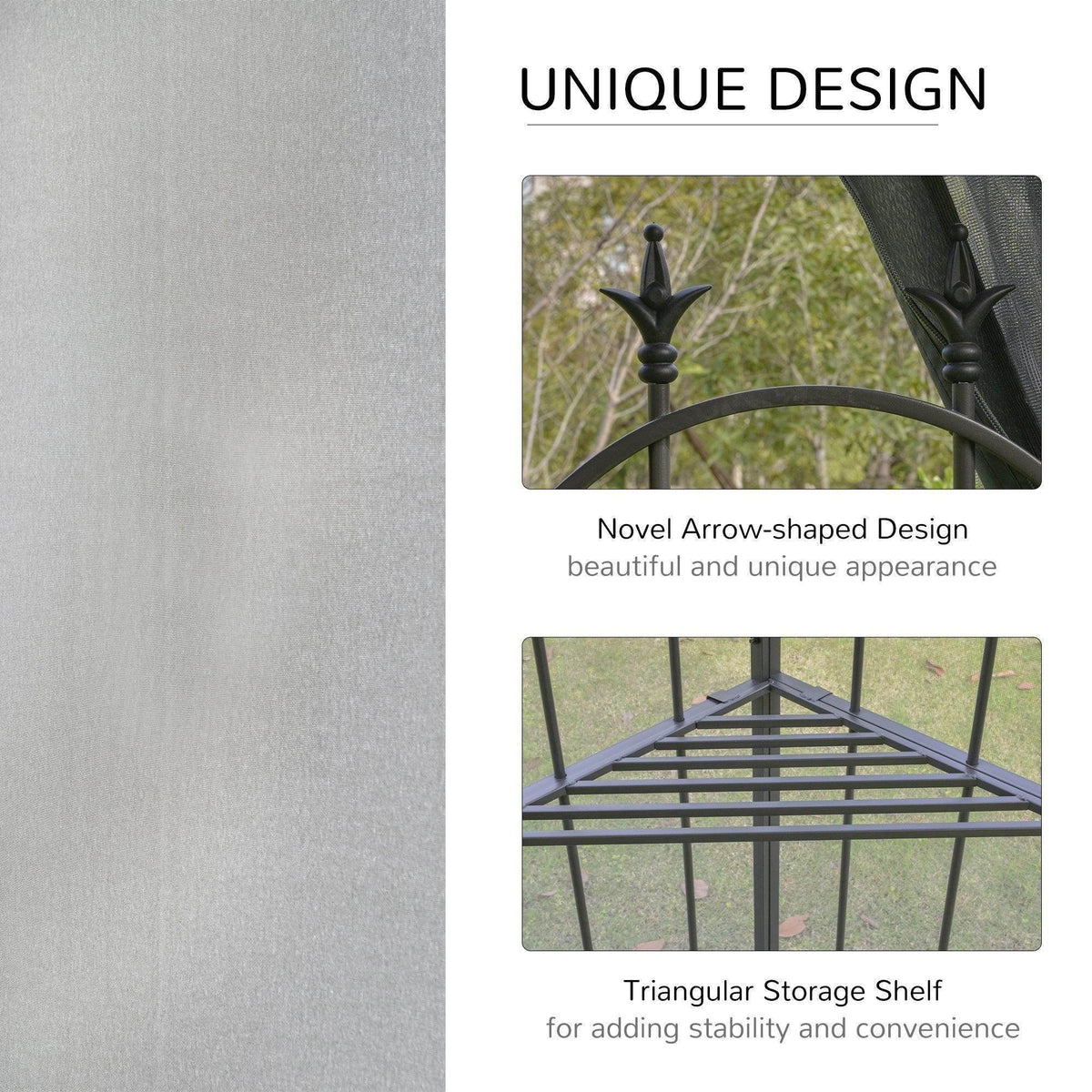 Grey gazebo with arrow-shaped finials and triangular storage shelf