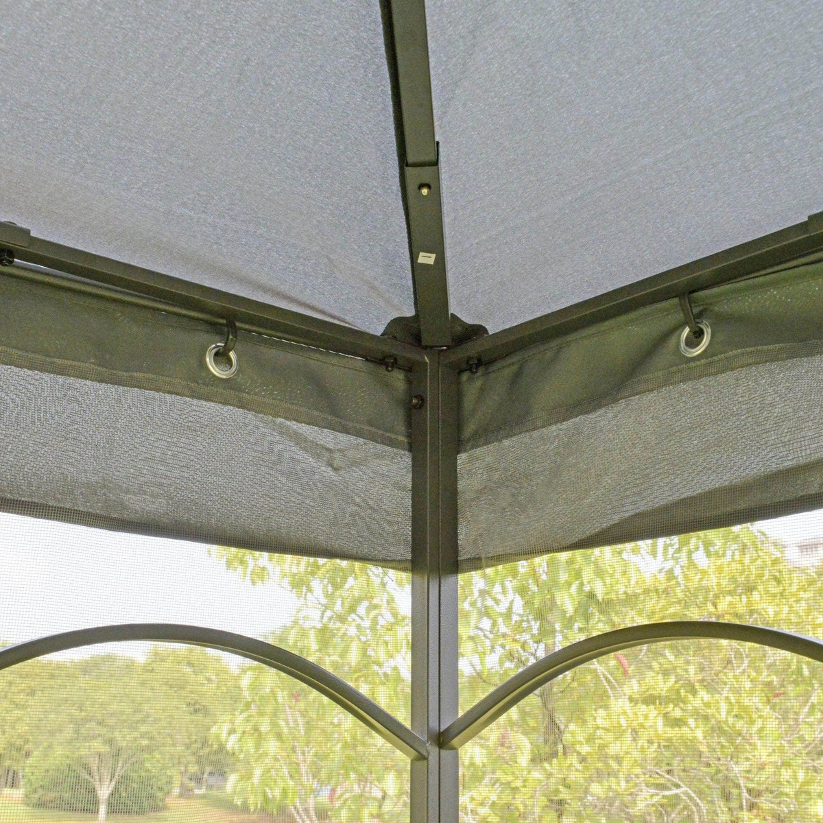 Grey gazebo canopy corner with grommets and hanging rings along the seam