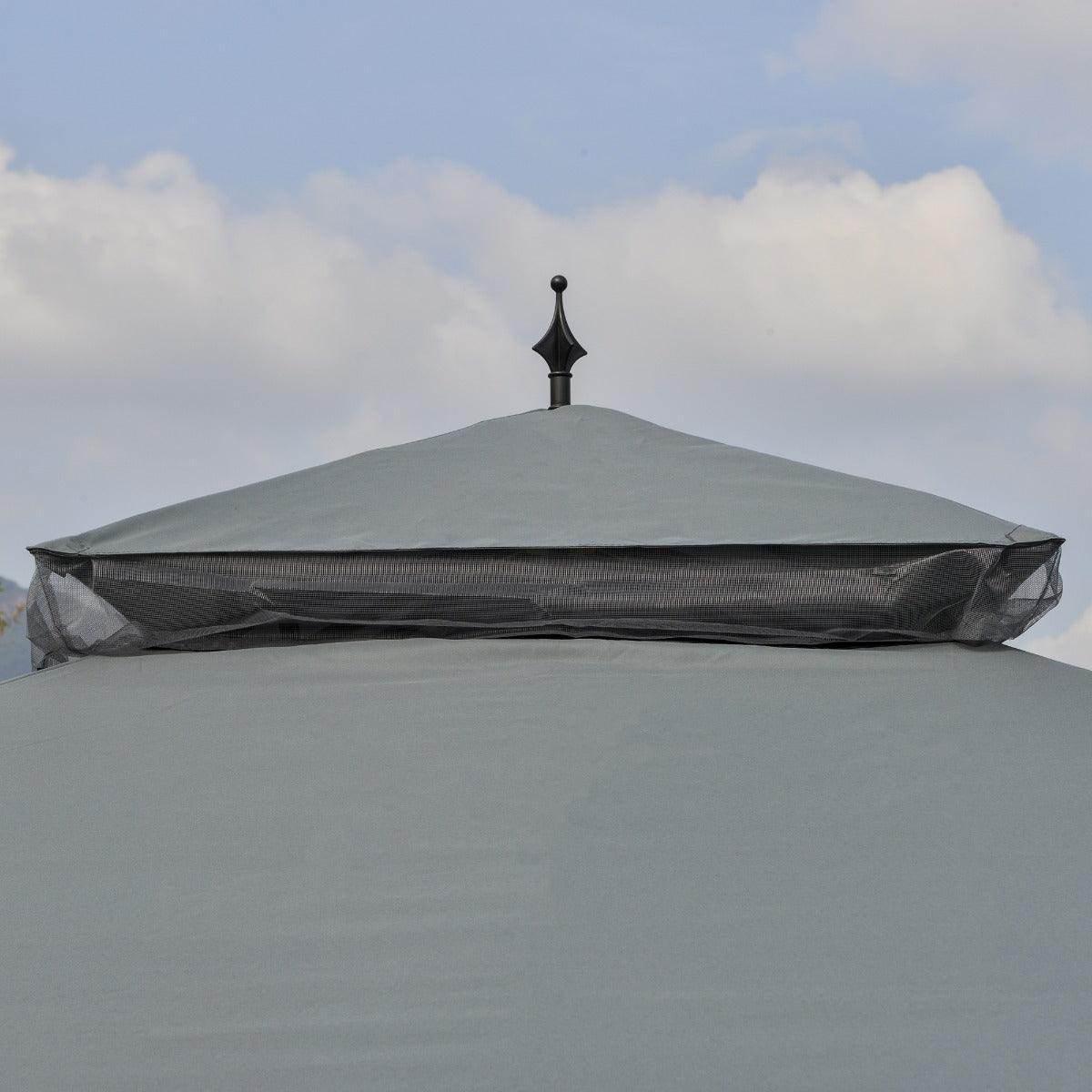 Grey outdoor gazebo with flat-top roof cover and mesh fabric skirt