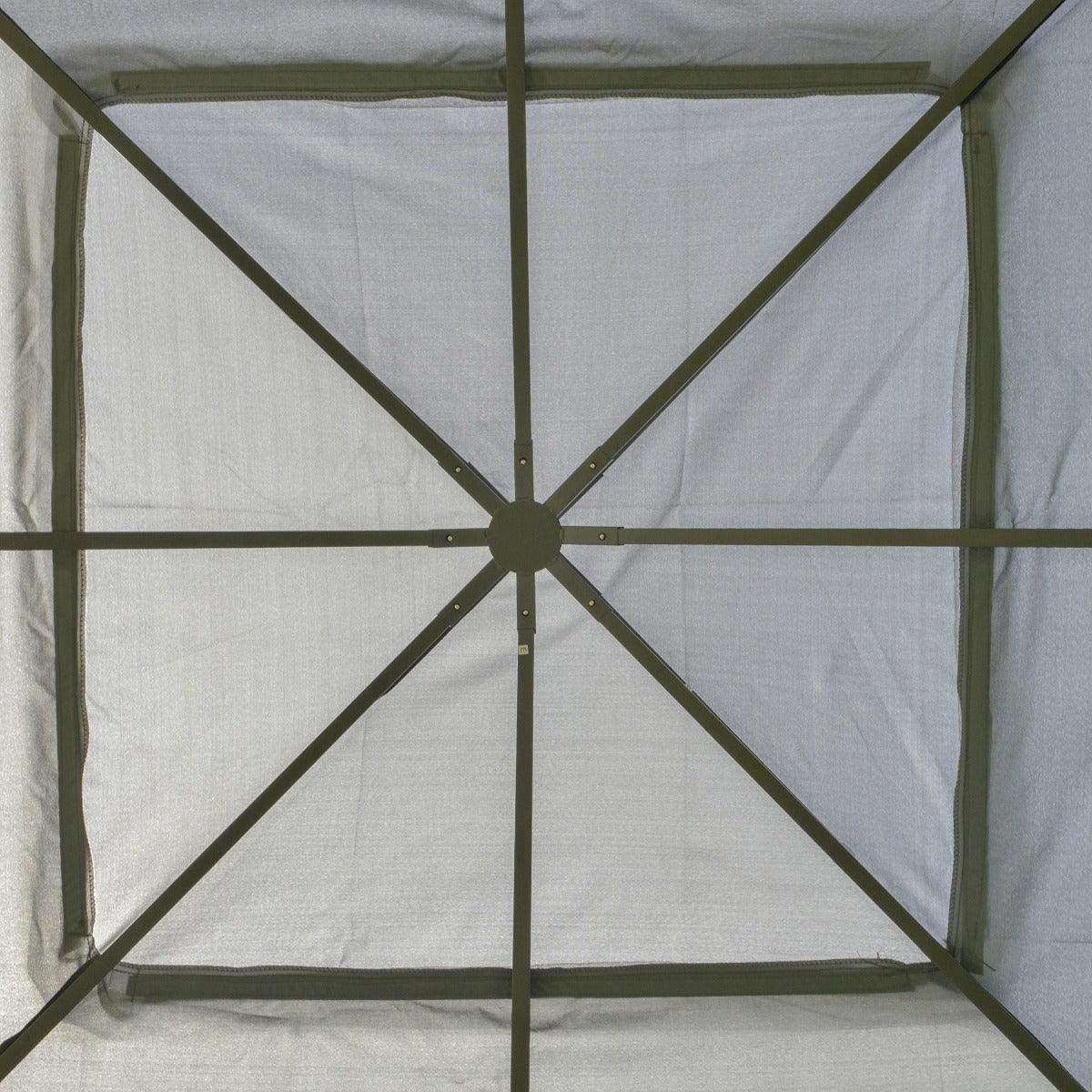 Grey gazebo with cross-braced frame and mesh wall panels