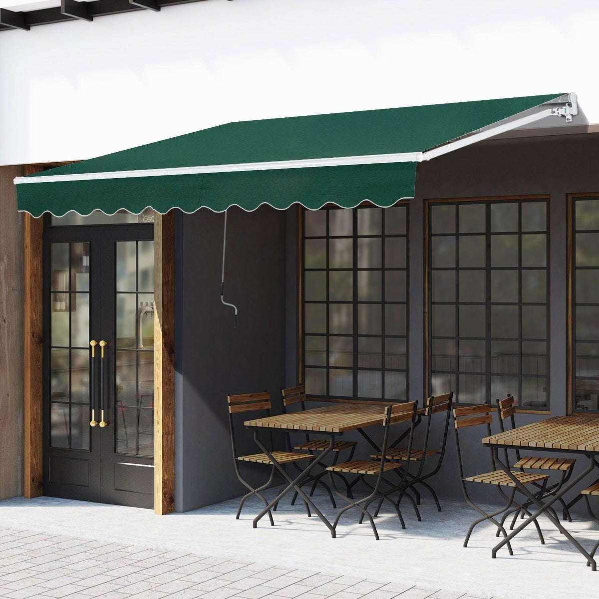 Outdoor window awning canopy in dark green with scalloped valance and white frame
