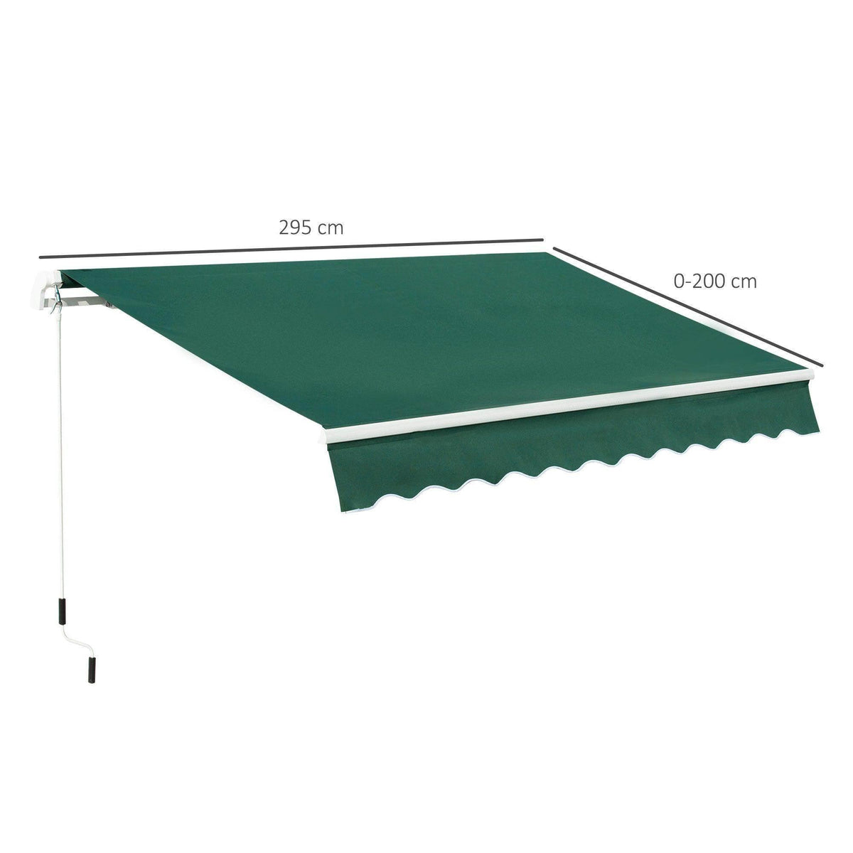 Outdoor window awning canopy, dark green fabric with scalloped edge and white housing