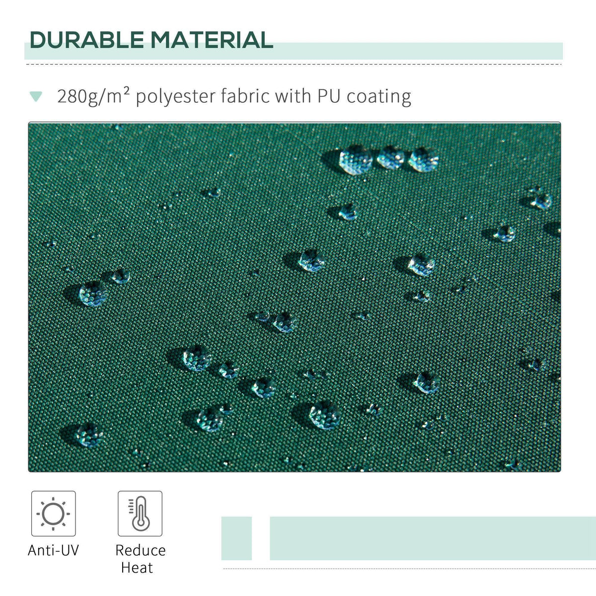 Dark green polyester awning fabric with water-beading finish for heat and UV protection