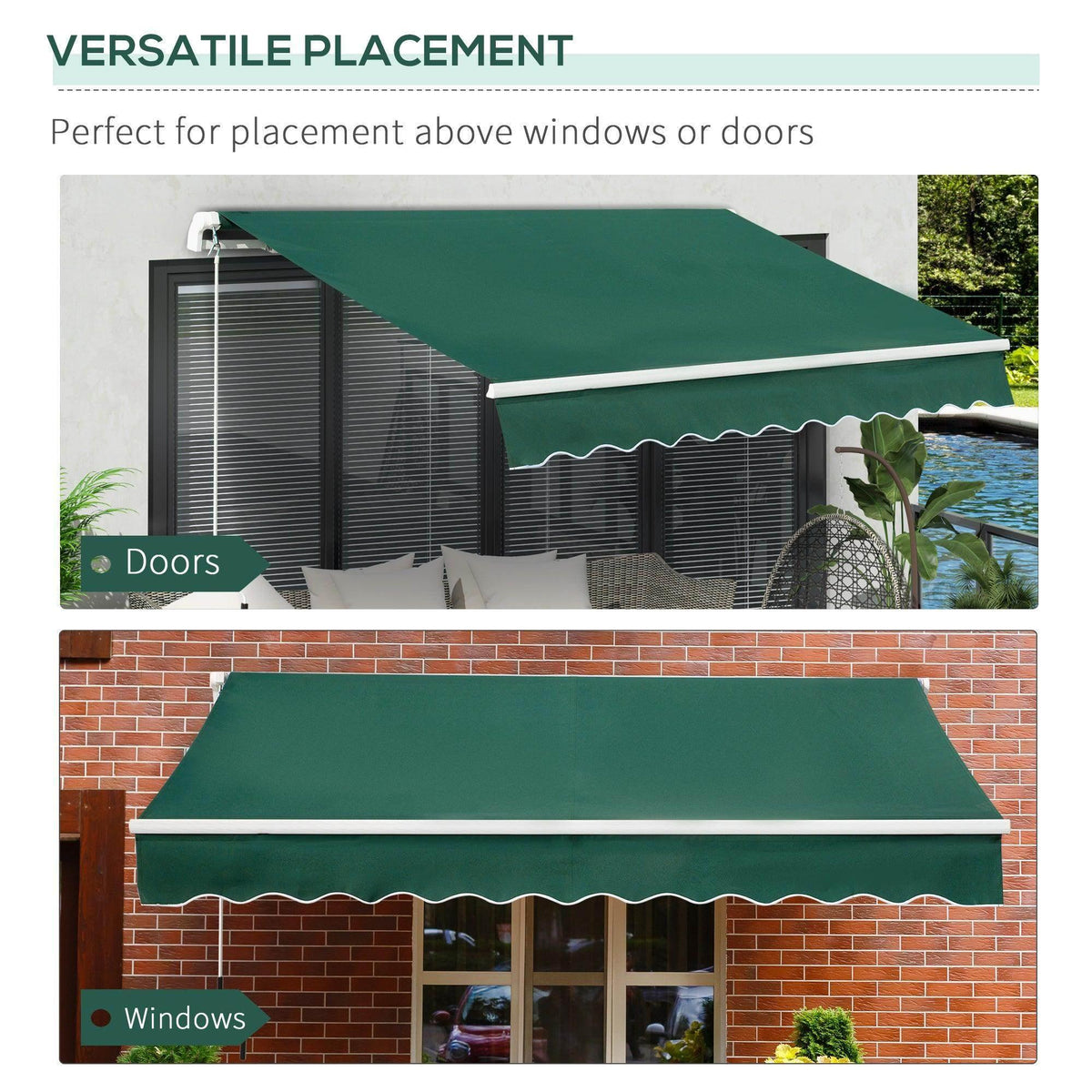 Outdoor window awning canopy over door and window openings, dark green with scalloped edge