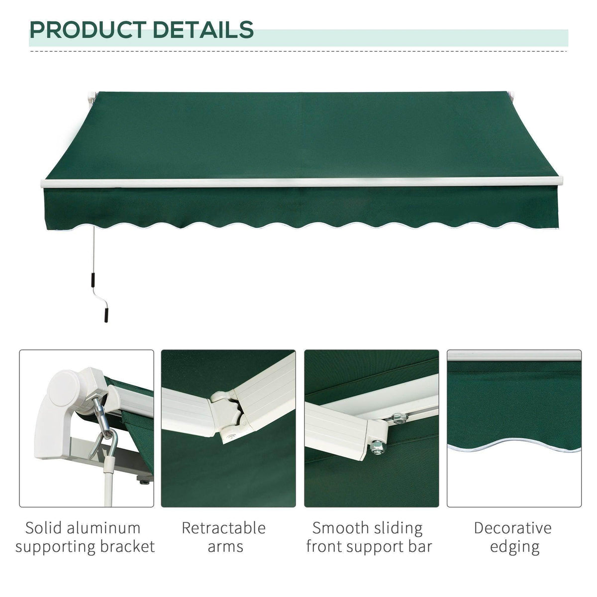 Outdoor window awning canopy with white aluminum support bracket and smooth sliding front bar