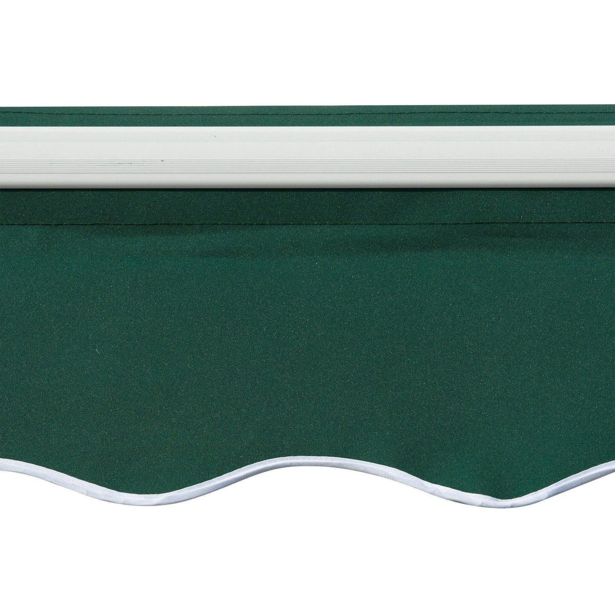 Dark green awning fabric with scalloped valance and white front roller housing
