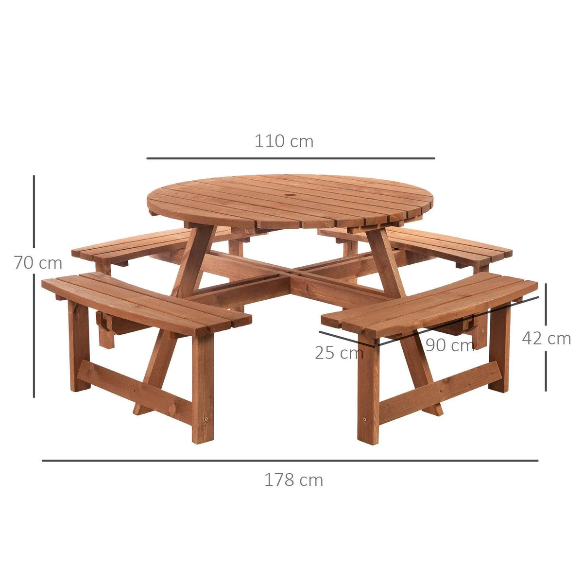 Wooden picnic table set with round tabletop and two benches, size diagram