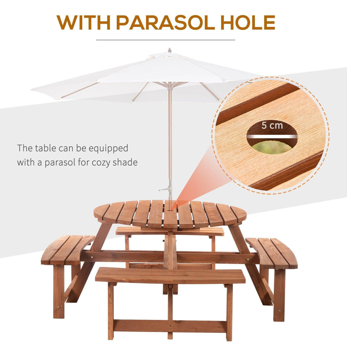 Wooden picnic table with slatted tabletop and parasol hole