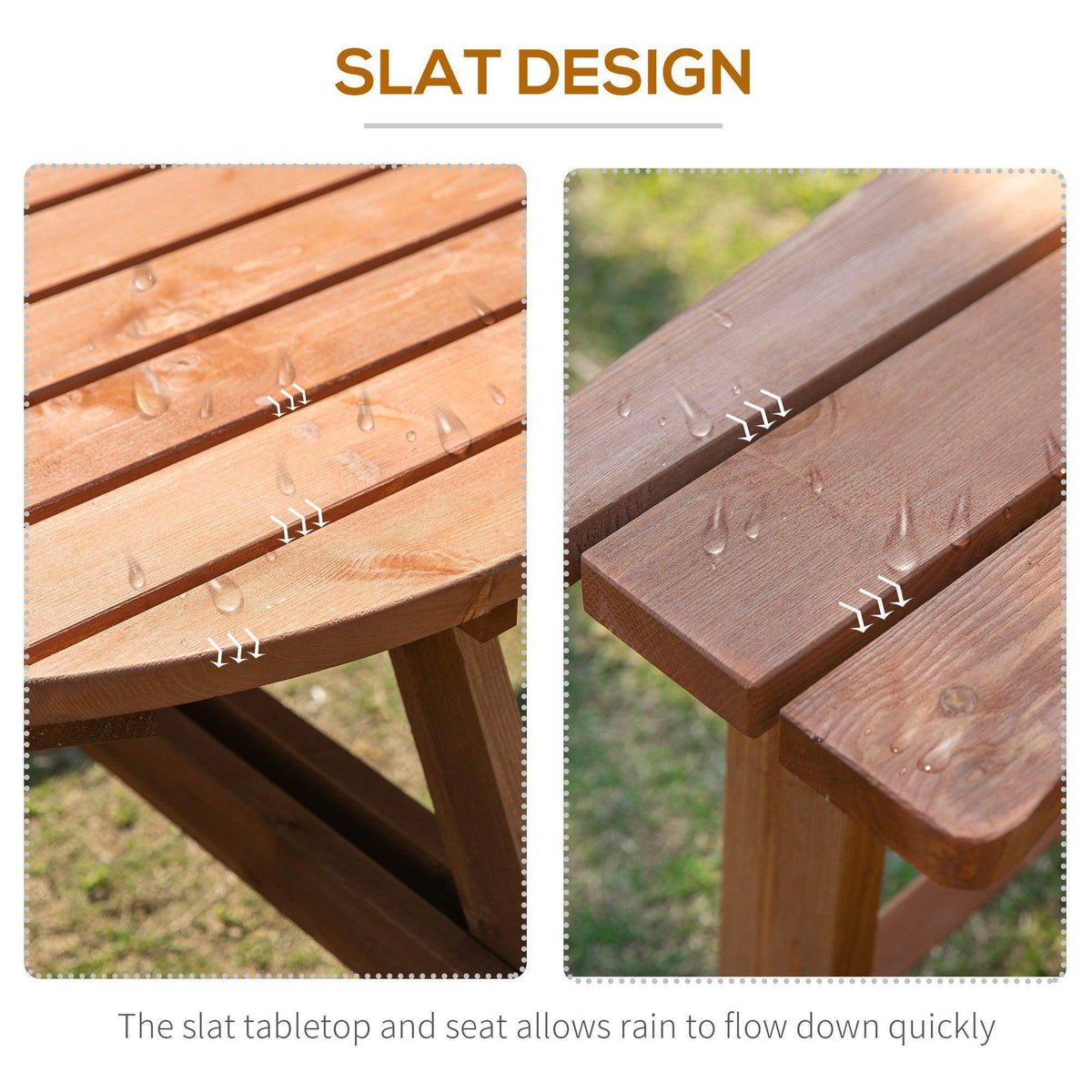 Wooden slat tabletop and bench slats with small drainage gaps close-up