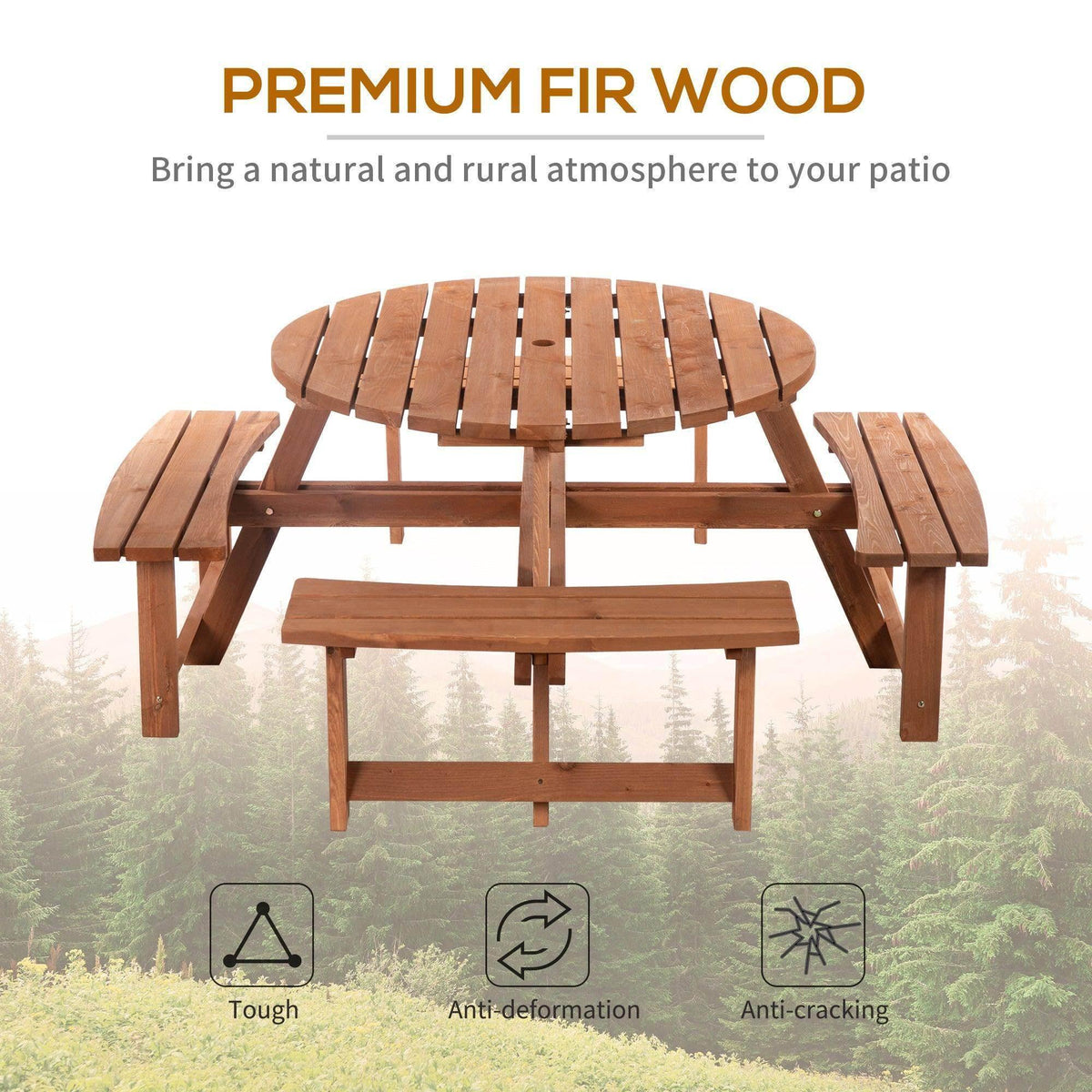 Wooden outdoor picnic table with slatted round tabletop and two benches