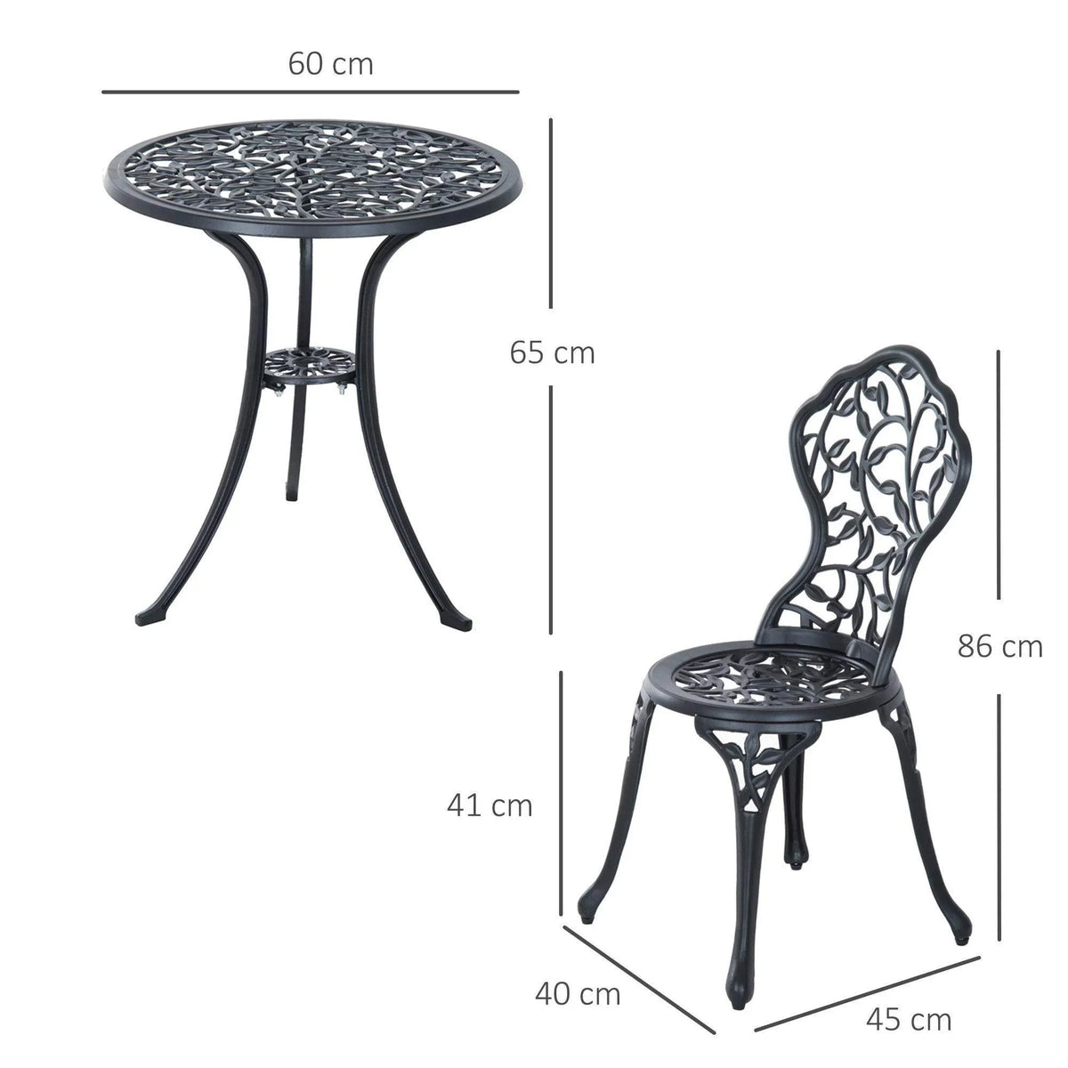 Patio bistro chair with ornate backrest and round patterned seat, with height and size diagram