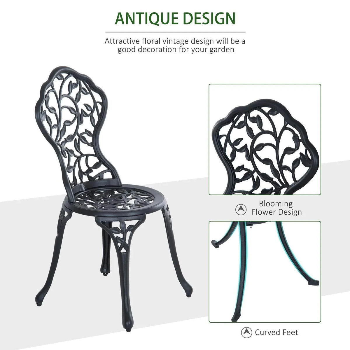 Outdoor bistro chair with curved armrests, ornate openwork back, and round perforated seat
