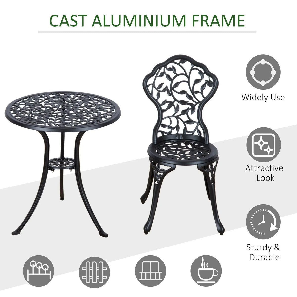 Cast aluminum patio bistro set view: round tabletop and one ornate chair with curved legs