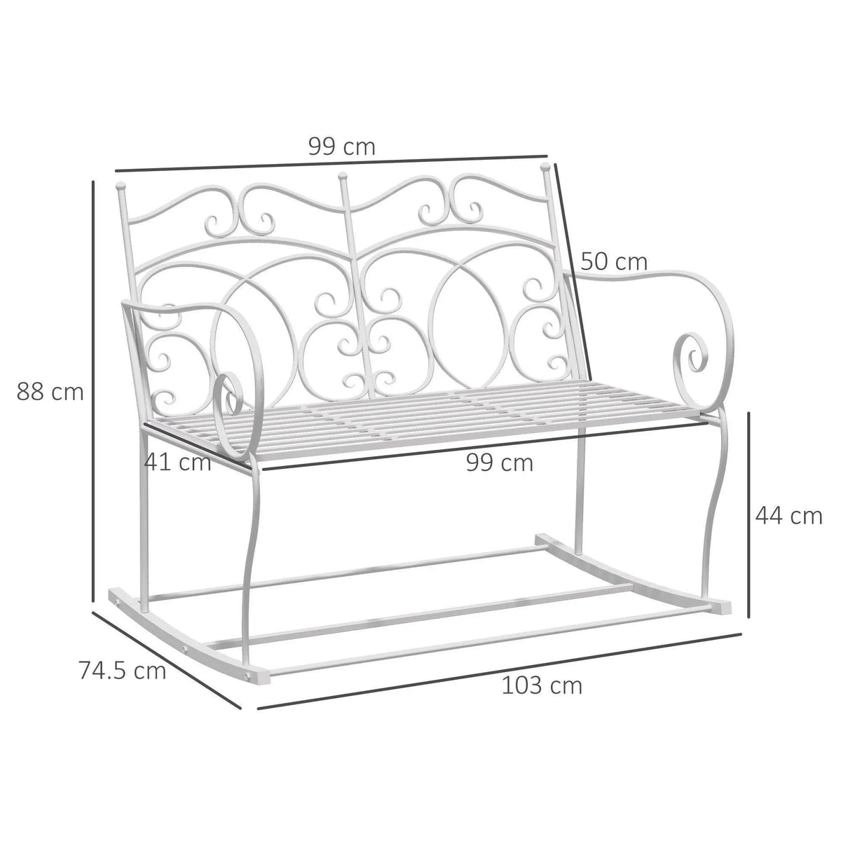 White rocking loveseat chair with decorative scrollwork backrest and slatted seat