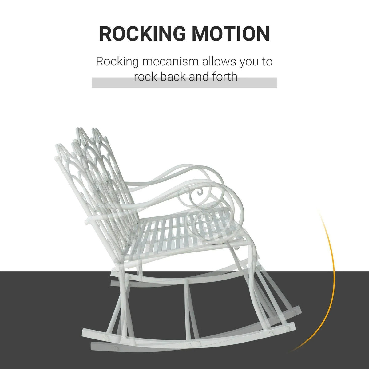 Rocking loveseat chair showing rocking motion of slatted seat on curved base