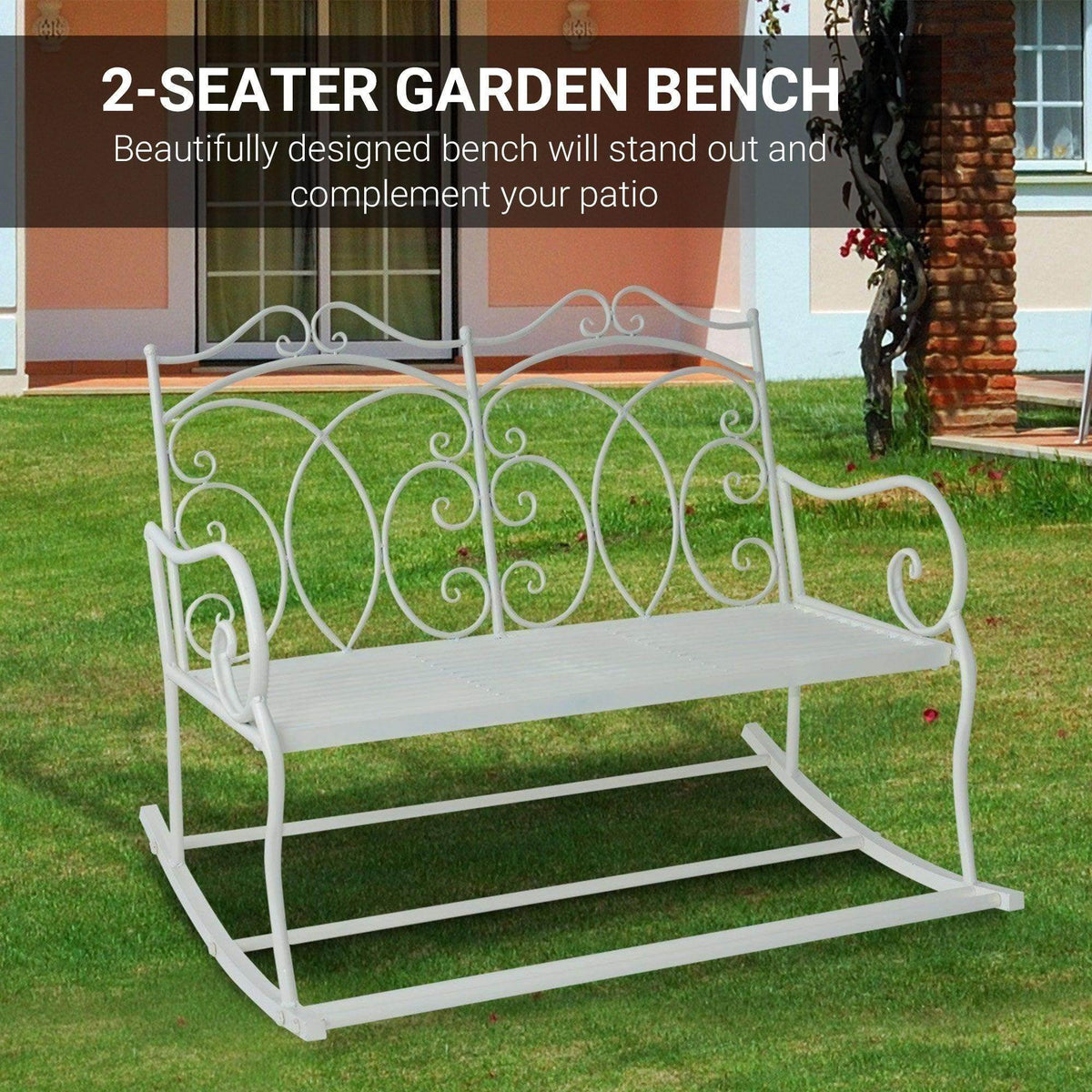 White 2-seat patio rocking loveseat chair with ornate scroll back and slatted seat