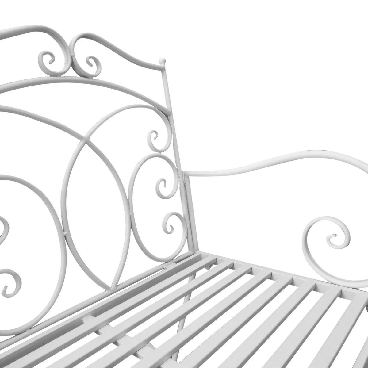 Close-up of white metal rocking loveseat backrest with circular scroll designs