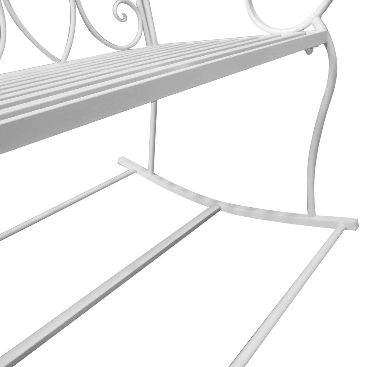 Close-up of white slatted seat on rocking loveseat chair with curved support frame