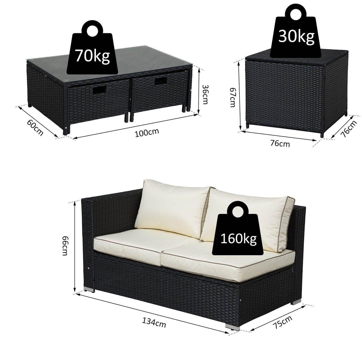 Black patio sofa set with table and cushions, shown in a product dimension diagram