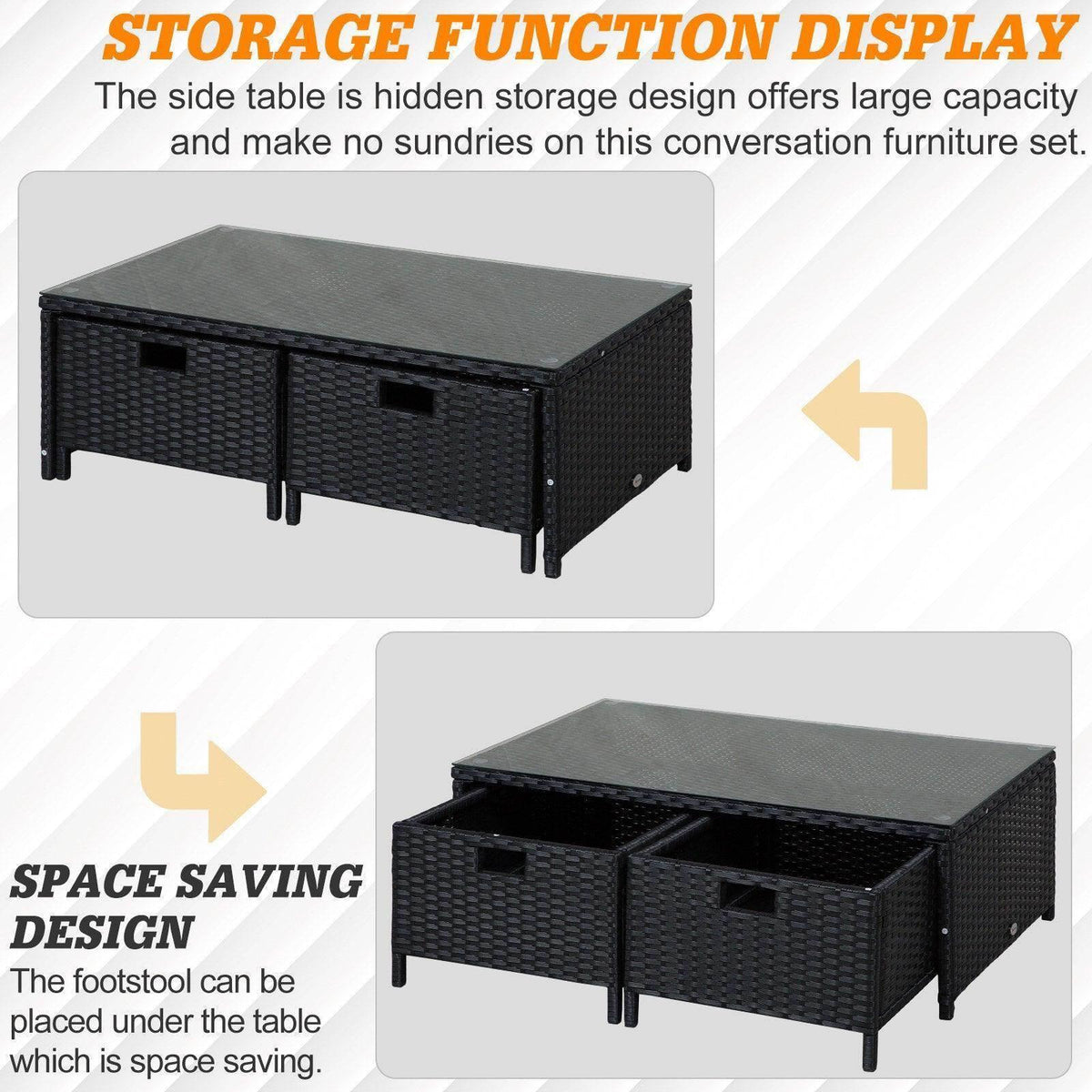 Black storage side table with open compartments for an outdoor patio sofa set