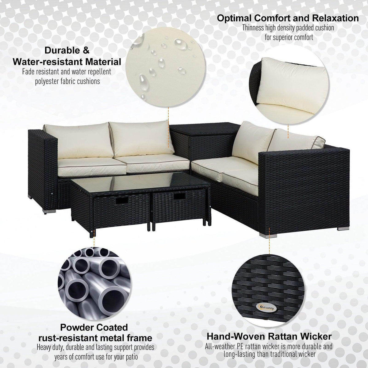 Black rattan-style patio sofa set with cream upholstered seat and back cushions