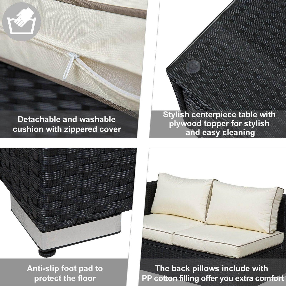 Cream cushion with zipper cover on a black woven patio sofa set frame